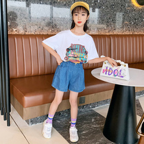 Girls  summer suit 2021 new childrens summer net red foreign style tide clothes in large childrens denim shorts two-piece set