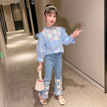 Girls suit autumn 2021 new childrens net red fashionable spring and autumn foreign childrens clothing jeans two-piece set tide