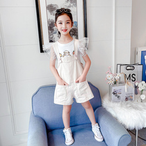 Girls  summer clothes net red suit 2021 new middle and large childrens Korean version of fashionable childrens strap shorts two-piece childrens clothing