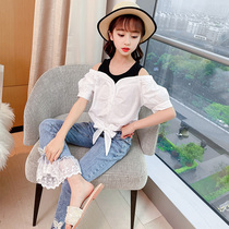 Girls net red summer suit 2021 new large childrens chiffon foreign style little girl jeans two-piece set tide