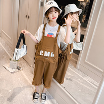 Girls  summer suit 2021 new foreign style childrens summer bib two-piece set Korean version of the net red Zhongda childrens tide