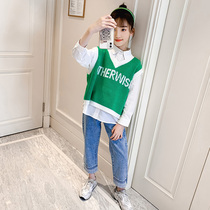 Girls spring suit 2021 new foreign style Korean childrens clothing net red fashionable clothes large childrens vest three-piece set