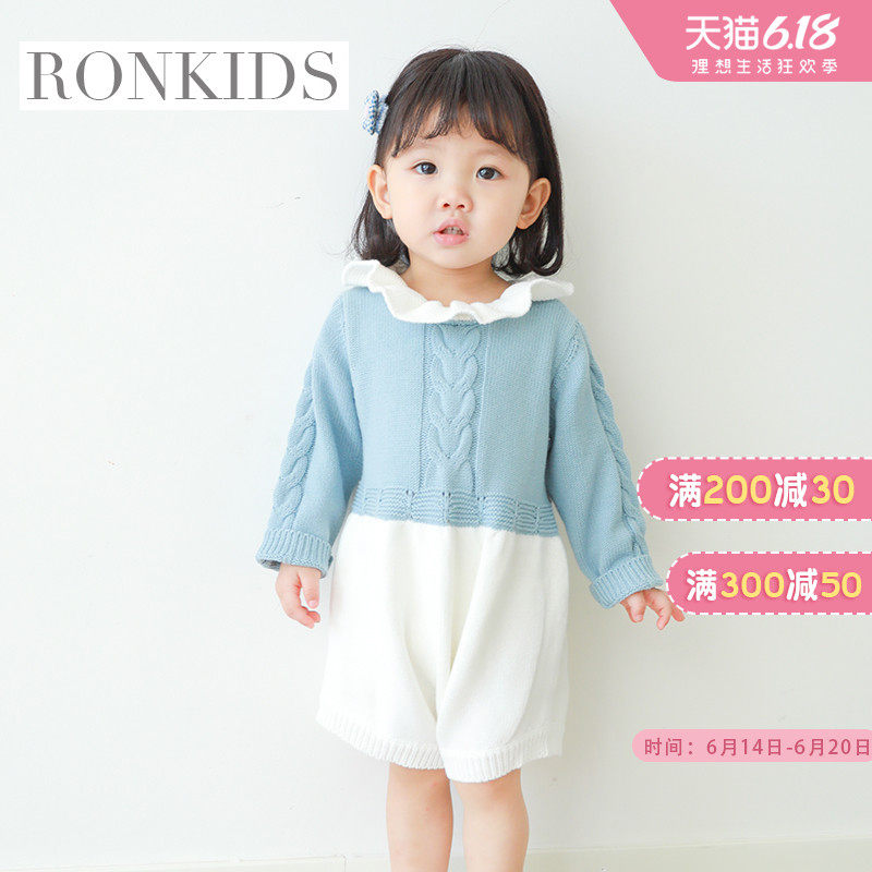 RONKIDS Baby Jumpsuit Autumn/Winter Female Baby Princess Full Moon Dresses Baby Collars Stitching Knitted Crawling Dresses
