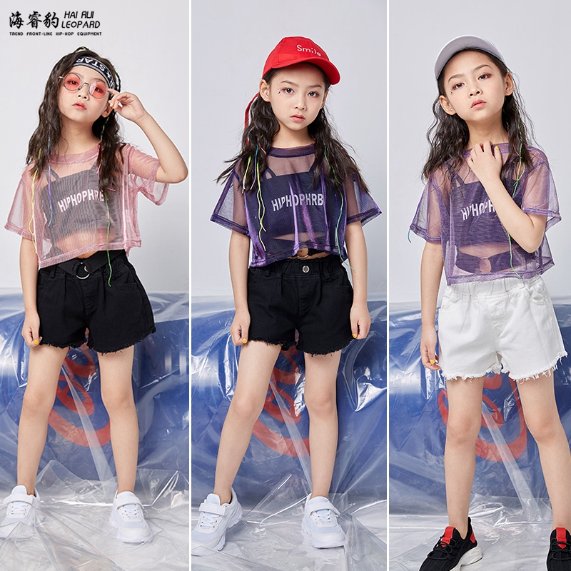 Children Jazz Dance Play Out Suit Girl Hip Hop Hiphop Street Dance Suit Summer Girl Thin Yarn Short Sleeve Tide