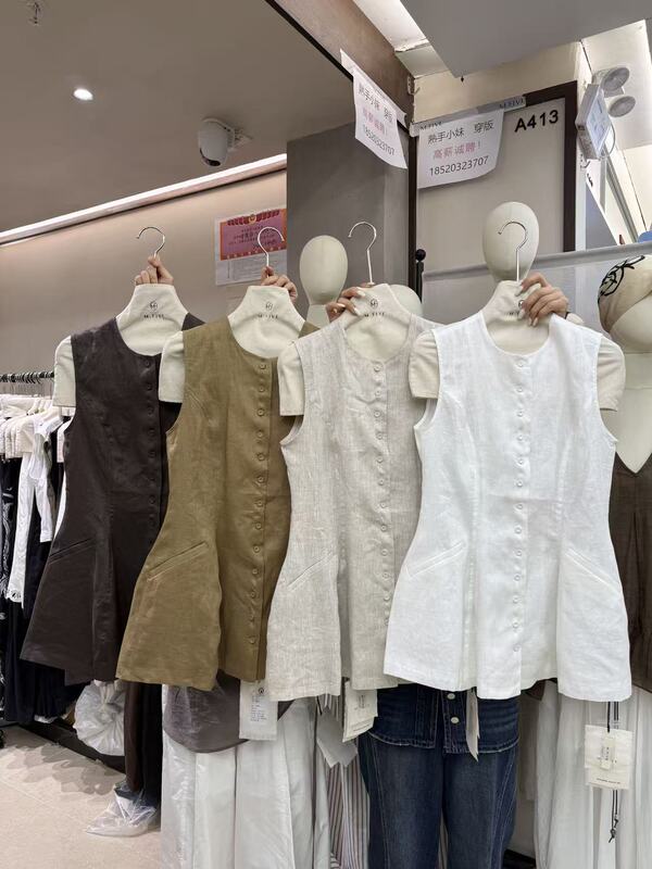 5779 Japanese-Style Niche Commuter Ol Literary Simple Round-Neck Button-Up Slim A-Line Linen Shirt Sleeveless Vest