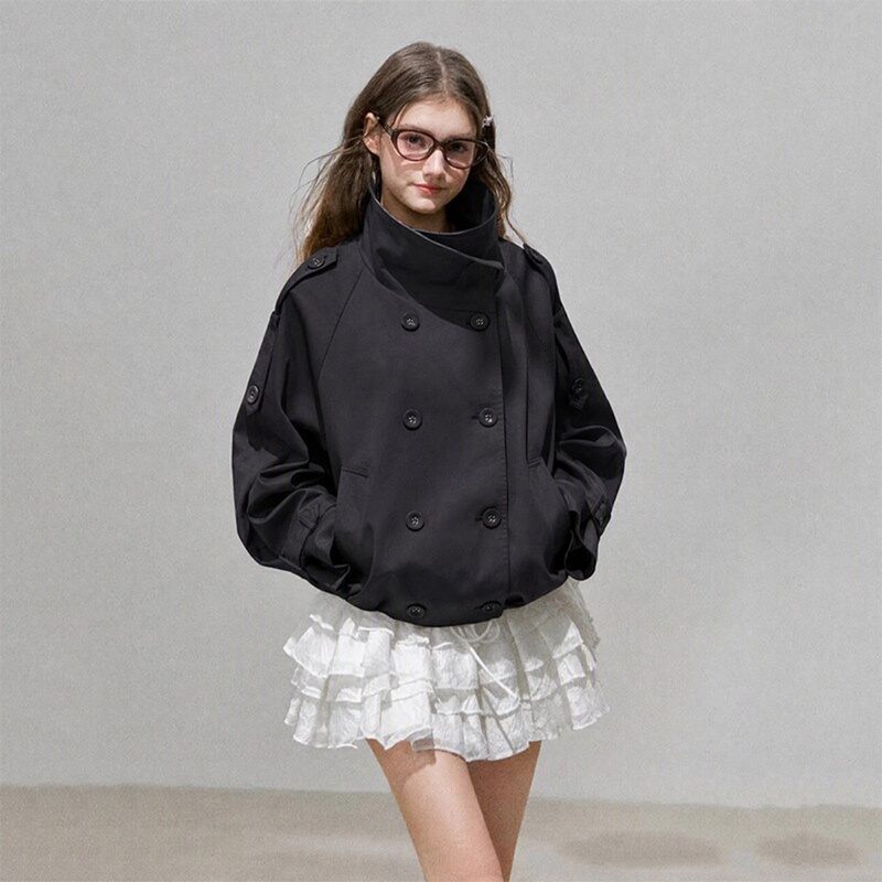 Autumn Outfit Black Retro Vintage Style Light Trench Coat Jacket Stand Collar Double-Breasted Short Coat for Women 2026 New Style Autumn Outfit Black Retro Vintage Style Light Trench Coat Jacket Stand Collar Double-Breasted Short Coat for Women 2026 New Style