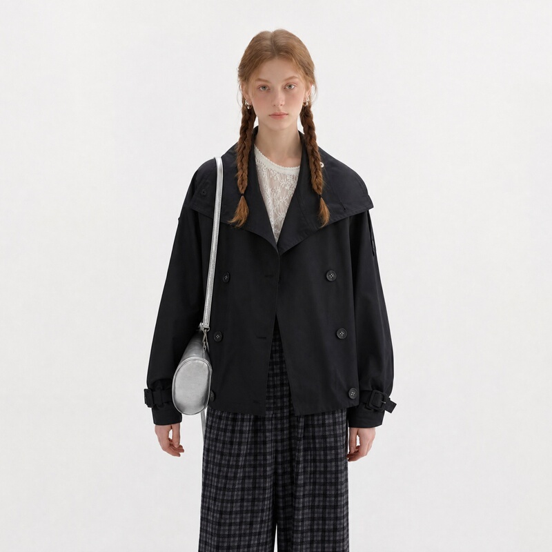 Autumn Outfit Black Retro Vintage Style Light Trench Coat Jacket Stand Collar Double-Breasted Short Coat for Women 2026 New Style Autumn Outfit Black Retro Vintage Style Light Trench Coat Jacket Stand Collar Double-Breasted Short Coat for Women 2026 New Style