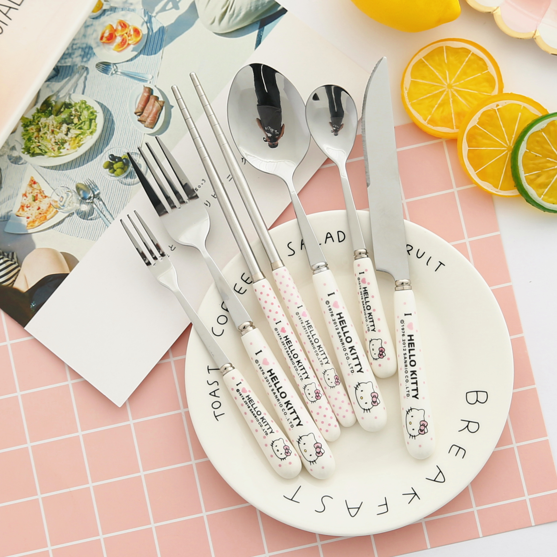 Creative Day Style Cute Cartoon Hello Western Dining Cutlery Spoon Chopsticks Fork Western Dining Knife Coffee Spoon Fruit Fork
