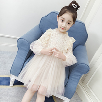 Girls bubble sleeve dress 2021 new spring dress childrens fashionable foreign girl solid color lace princess dress