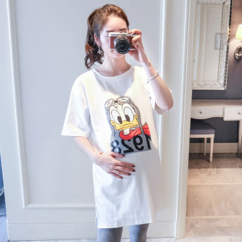 孕妇上衣夏装2018新款短袖卡通印花宽松韩版大码中长款T恤连衣裙