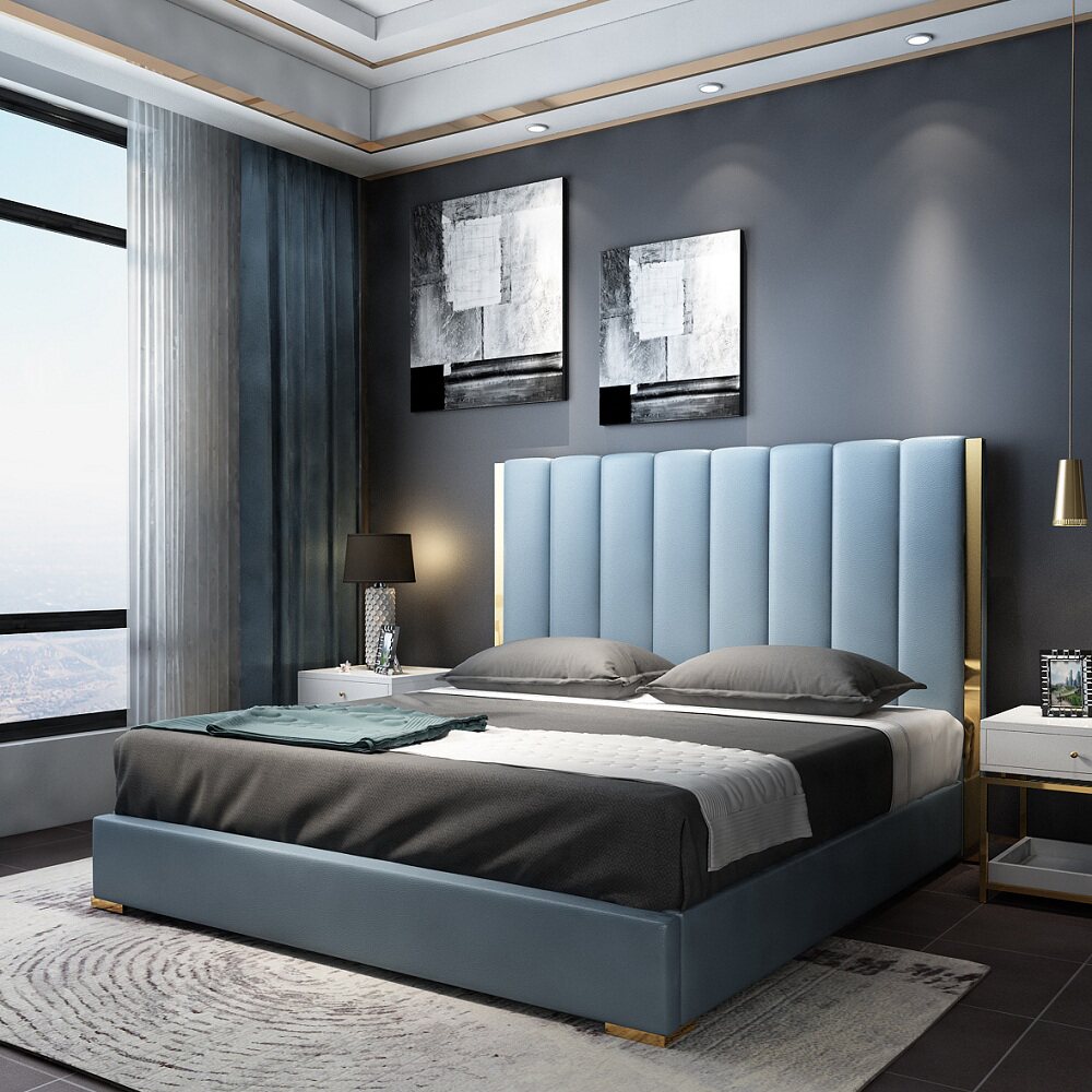 Postmodern light lavish style genuine leather bed Nordic minimalist bedroom bed Double 1 8 m 1 5 m American Wedding Bed Master Bedroom