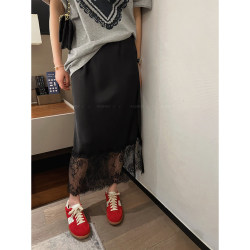 Love Devil Fish Black Design Lace Splicing Skirt Women's 2024 Spring New Niche Long Skirt