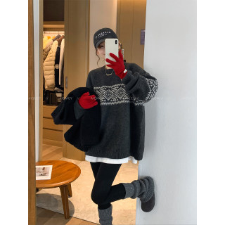 爱情魔鬼鱼 深灰色圆领提花针织毛衣女2025冬季新款宽松慵懒上衣