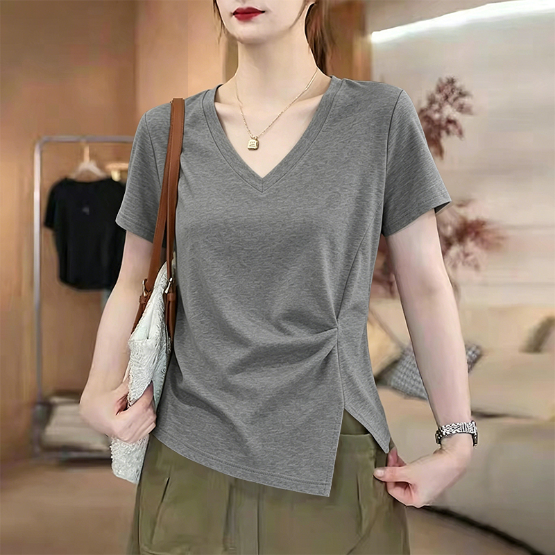 Plus Size V-Neck Short-Sleeved T-Shirt for Women 2026 Summer New Fashion Stylish Pleated Slimming Versatile Loose Slit Top