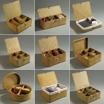 Seaweed with lid multi-grid divided grid clothing snack storage box grass woven rattan woven storage basket creative desktop storage basket