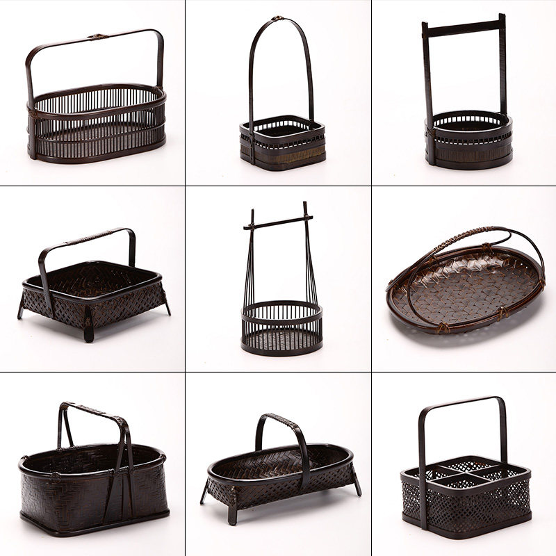 Vintage hand-made bamboo fruit inventory heart basket Fruit tray Tea set storage box Pastry basket Japanese dried fruit tray handle basket