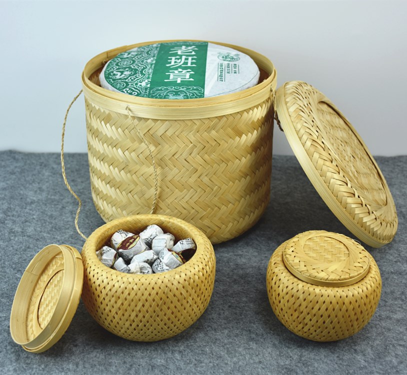 Pure handmade bamboo woven tea leaf jars tea cylinder Seven sub-cake cylinder tea packaging box double layer small tea basket tea cake snack containing