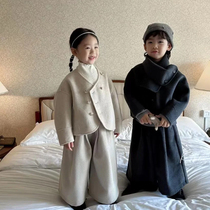 Korean childrens clothing childrens coat 2024 new autumn clothing high-end temperament design woolen short coat for boys and girls