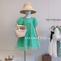 South Korean childrens clothing Girls 2022 Summer new foreign air Stamp Bubble Sleeves Mesh Veil Dress Child Princess Dress