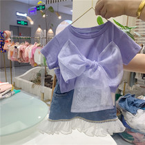 South Korean boy-packed girl 2022 Summer new butterfly knot mesh yarn short sleeve blouses child female baby pure cotton T-shirt
