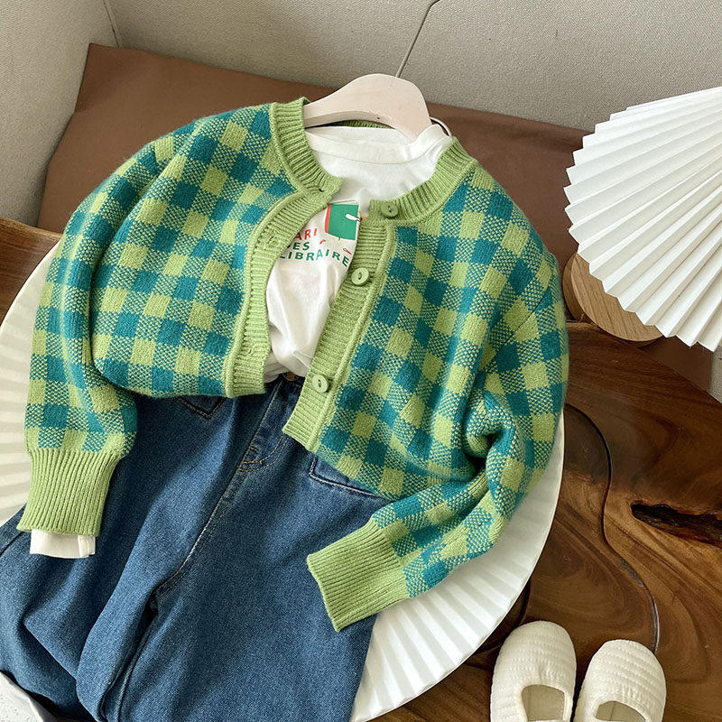 South Korean girl's cardiovert sweater 2021 autumn and winter clothing Children's baby foreign pie checkered cardiovert suit long sleeve round collar