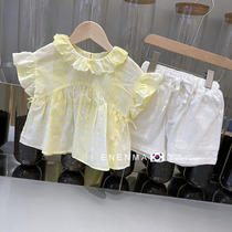 South Korean childrens clothing girl 2021 Summer style suit Childrens foreign air lace short sleeve shirt wide-leg shorts Two sets