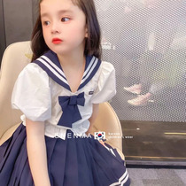 South Korean childrens clothing Girls 2021 Summer new Academy Wind Navy collar JK suit Childrens blouses Short skirt Two sets