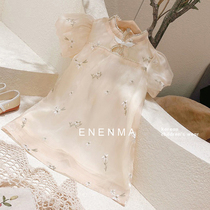 China Wind Scout 2022 Summer new girl Bubble Sleeves Embroidered Knitted Qipao Little Girl Ancient Wind Dress