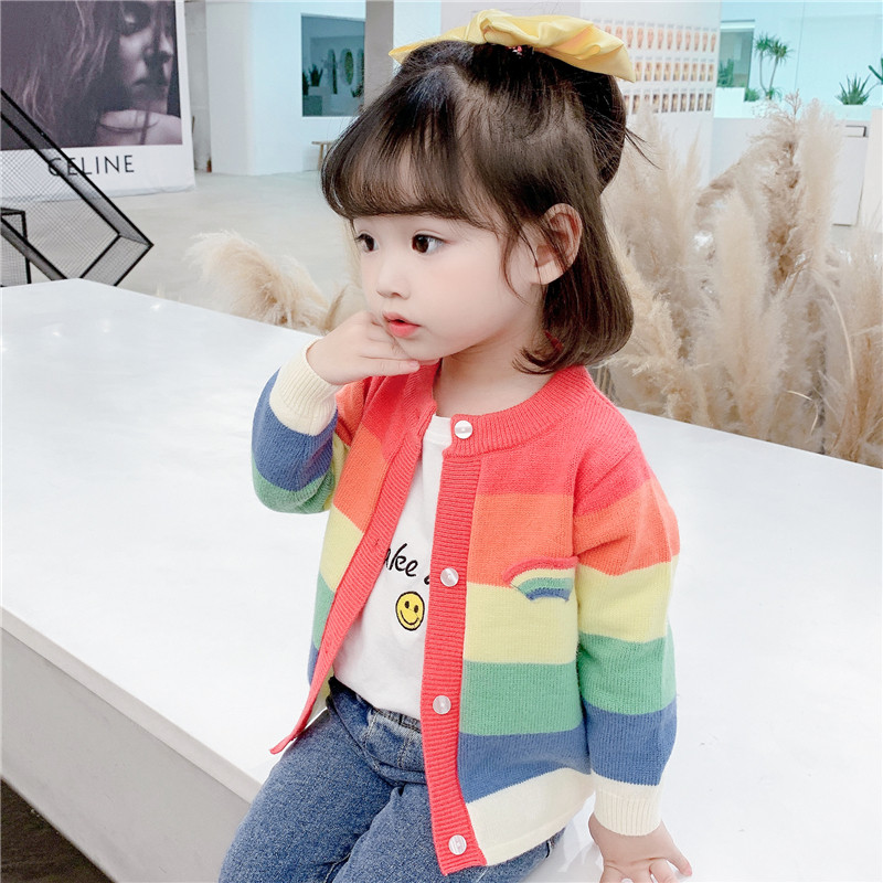 Female baby autumn knitted cardigan jacket 2021 new girl Western style top striped baby spring and autumn sweater