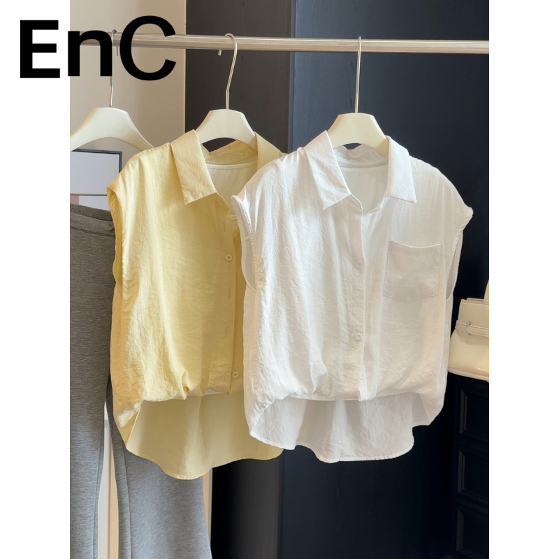 Enc Yilian Group's Fake Two-Piece Short-Sleeved Shirt for Women, Suitable for Light Office Wear in Summer, with Flutter Sleeves and Sleeveless Top