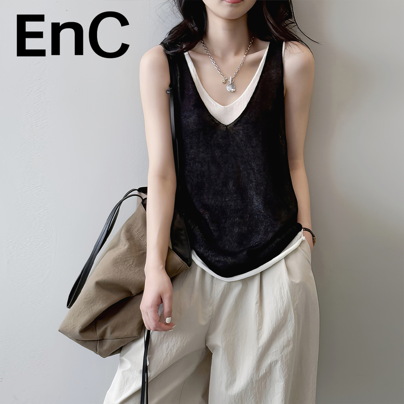 Enc Yilian Group's Tencel Linen Faux Two-Piece Vest for Women, Summer Outerwear, High-End Sleeveless Top