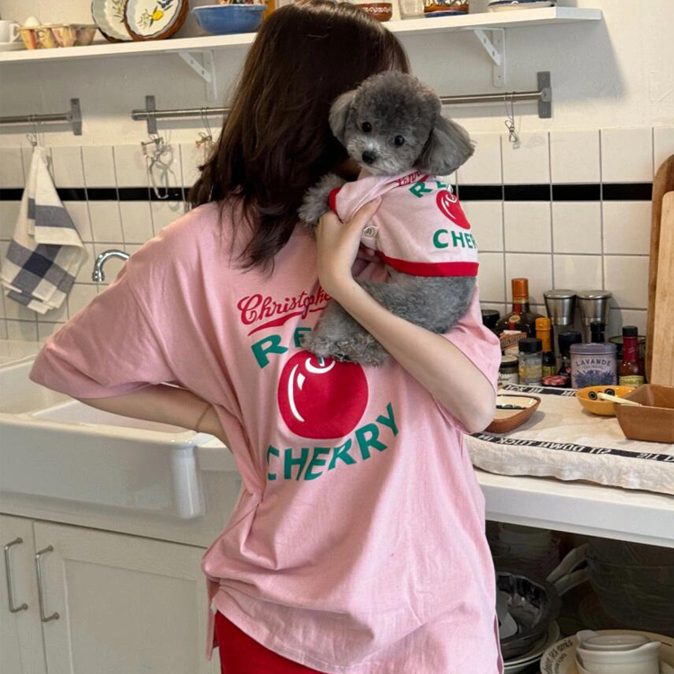 Trendy Pet Dog Owner Matching Outfits Pink Pure Cotton Cherry Print Short-Sleeve T-Shirt Small Dog Top Teddy Trendy Pet Dog Owner Matching Outfits Pink Pure Cotton Cherry Print Short-Sleeve T-Shirt Small Dog Top Teddy