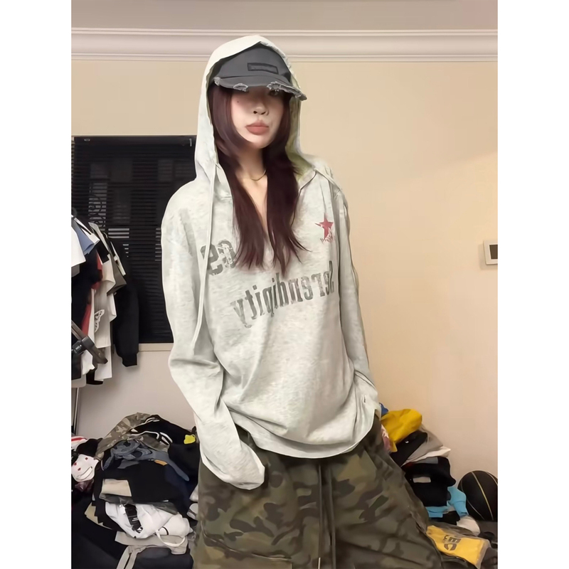 American High Street Style Distressed Letter V-Neck Long-Sleeve Blouse for Women, Summer Thin Sports Hooded Sun Protection Air-Conditioning Shirt Top