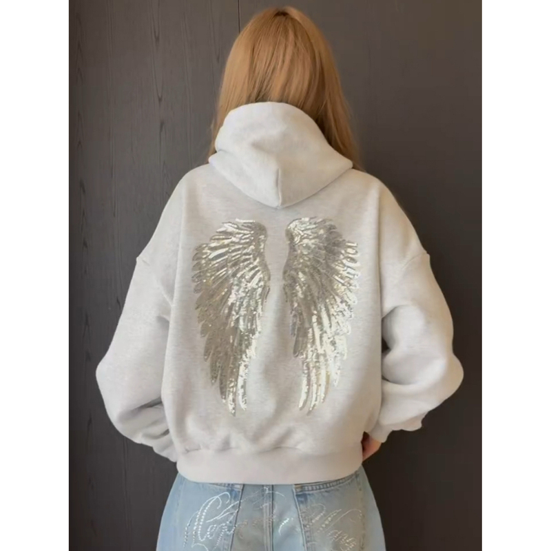 Angel Wings Sequin Embroidered Hooded Sweatshirt for Women, Autumn and Winter Fleece-Lined Loose-Fitting Couple Outfit, Gray Long-Sleeved Jacket Top