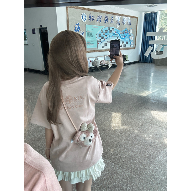 Pink Suede College Style Short-Sleeved T-Shirt for Women Summer 2026 New Style Loose Lazy Style Letter Print Top