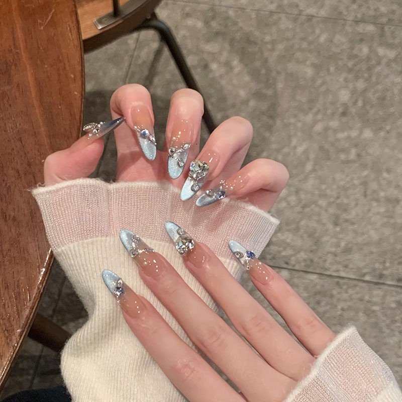 2026 New Style Wearable Nails, Handmade with a High-End Feel, Dazzling Luxury French Cat-Eye Sparkling Diamond Blue Nail Art Nail Patches
