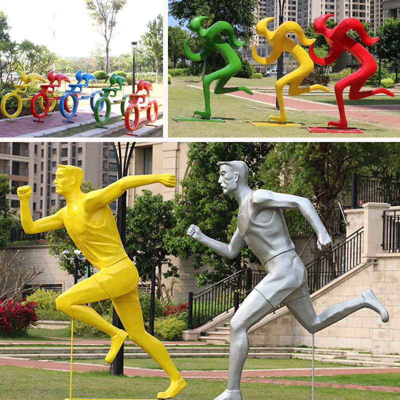 Fiberglass outdoor sports running figure ornament bicycle silhouette sculpture sample house display center community garden landscape