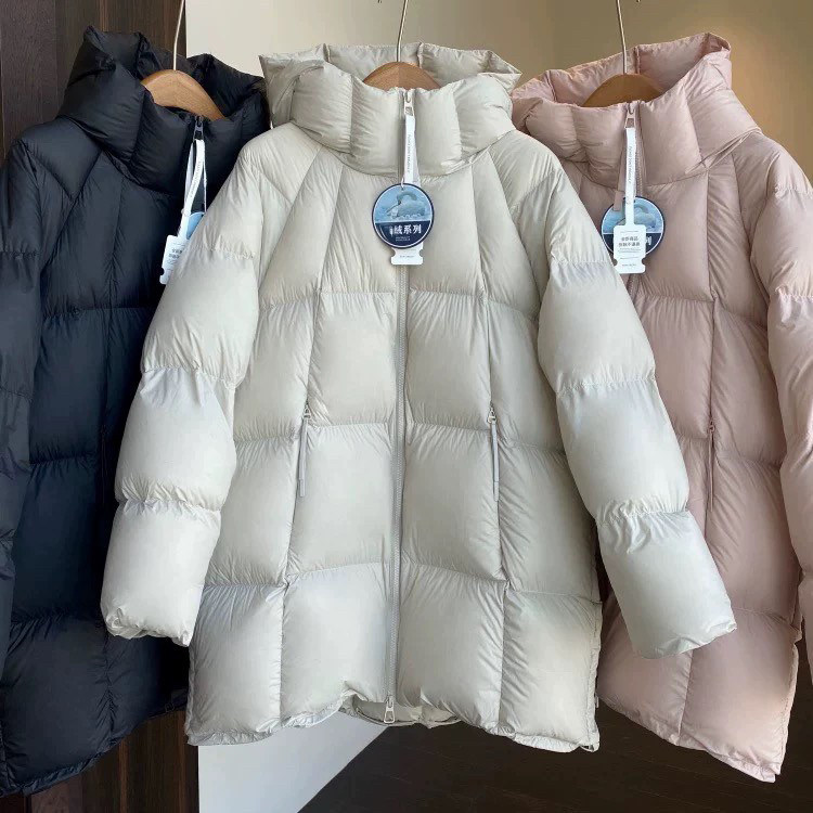 Off-Season Clearance Cloud Puff White Duck down Hooded Mid-Length Puffer Jacket for Women, Winter Ultra-Light with 90% down Content
