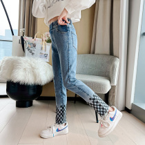 Girl Spring Dress 2022 New CUHK Girl Fashion Foreign Gas Chessboard Grid Small Pants Feet Casual Elastic Jeans