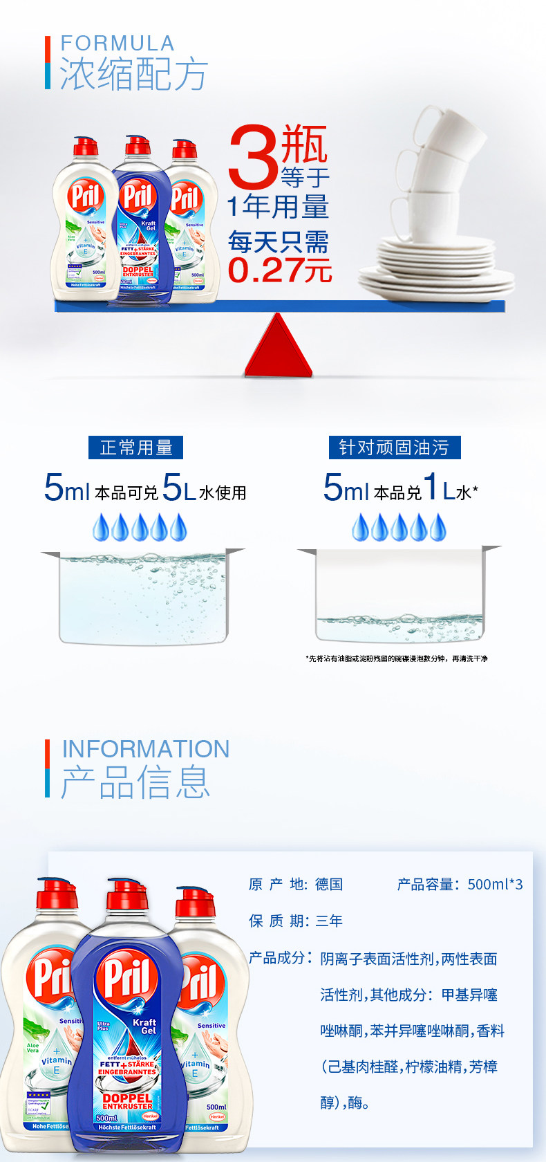 德国 Pril 高浓缩洗洁精 750ml*3瓶 可用一年 图3