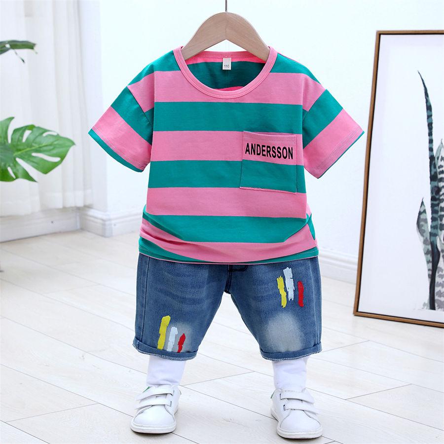 . Childrens ăn mặc trẻ em lớn vừa đặt hai mảnh boy set mùa hè ngắn tay áo thun quần denim năm điểm Hàn Quốc phiên bản của sóng 2019 mới.