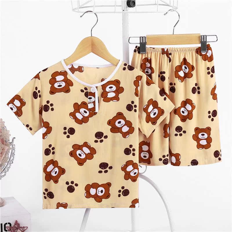 . Pajamacotton lụa của nam giới và trẻ em gái về nhà quần áo bộ ngắn tay lụa bé cậu bé điều hòa không khí quần áo trẻ em Mùa mỏng.