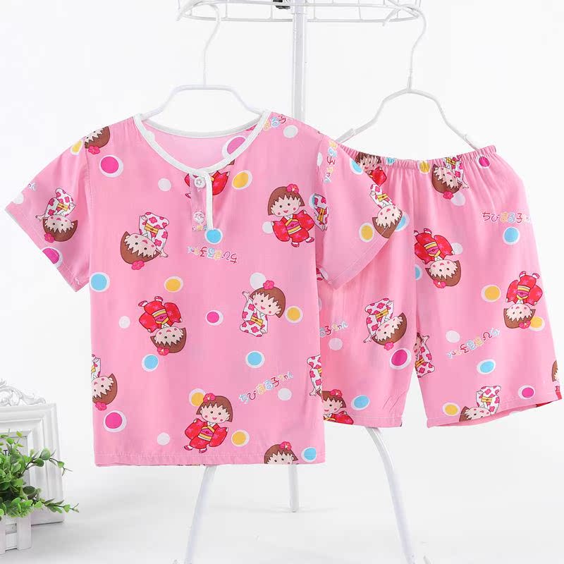 . Pajamacotton lụa của nam giới và trẻ em gái về nhà quần áo bộ ngắn tay lụa bé cậu bé điều hòa không khí quần áo trẻ em Mùa mỏng.