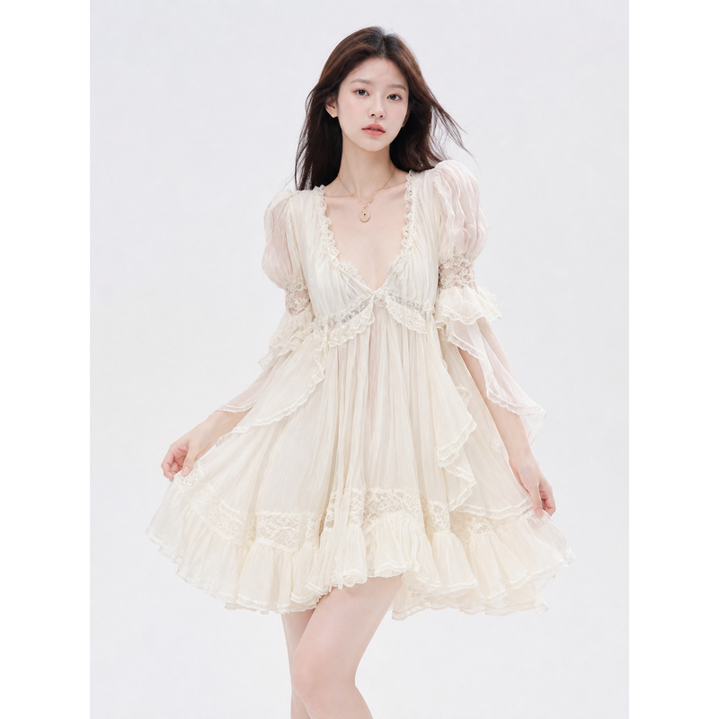 French Retro White Lace Dress, New Summer Style, Puff Sleeves, Ruffles, Slimming Fairy Short Dress