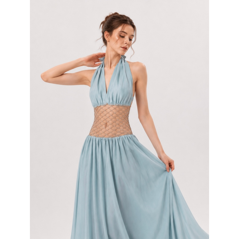 【Ocean Blue Amber】Halter Neck Dress for Socialite Birthday Party, Luxurious Diamond-Studded Sexy Waist-Cinching Dress