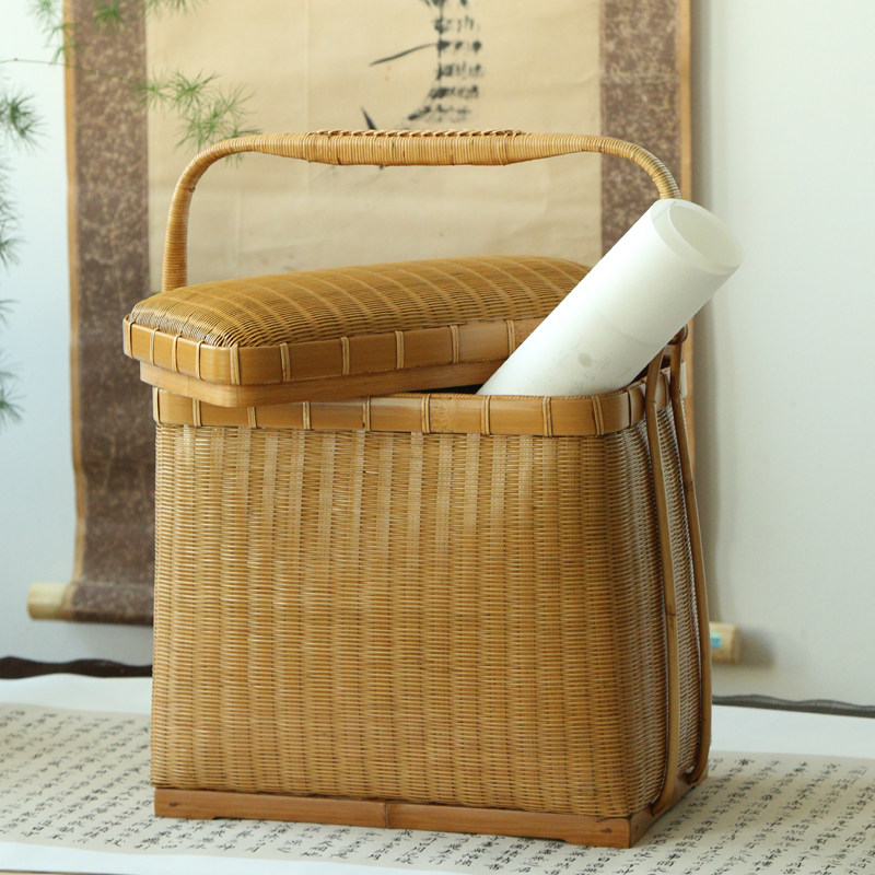 Bamboo woven tea set storage box Fine woven tea box Handbag tea box Chinese modern bamboo bag storage basket Zen