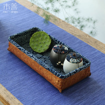 Wooden bamboo woven basket lined tea room storage Retro old color storage basket Rectangular tea set tea basket