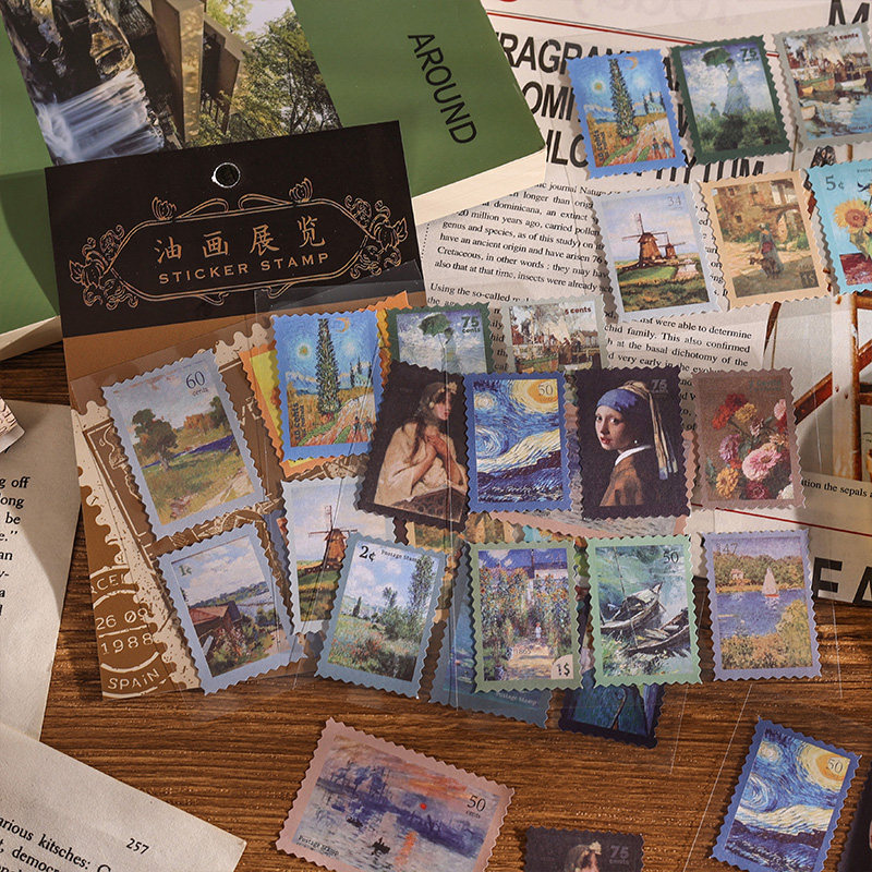 Vintage Artistic Journal Stickers, Nostalgic Stamp Collection, American-Style Stamps, High-Quality Oil Painting, Steam Era Architecture, Instagram-Style Journal Materials, Diary, Photo Album, Letter, DIY Decorative Pattern Stickers