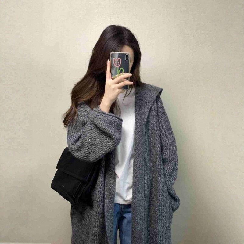 26 Autumn/Winter Mid-Length 100% Pure Wool Cardigan for Women, Hooded, Thick Knitted Sweater, Loose Fit, Plus Size Cashmere Coat