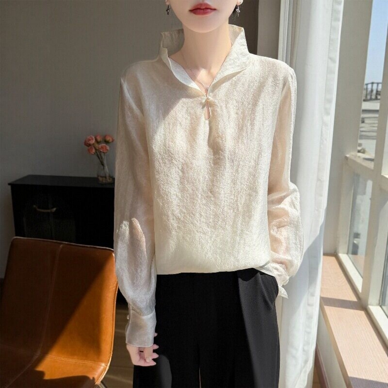 2026 New Style Chinese-Style Long-Sleeve Shirt for Women, Turn-Down Collar, Thin Rayon Fabric, Sun-Protection Undershirt, Loose Fit, Slimming Top
